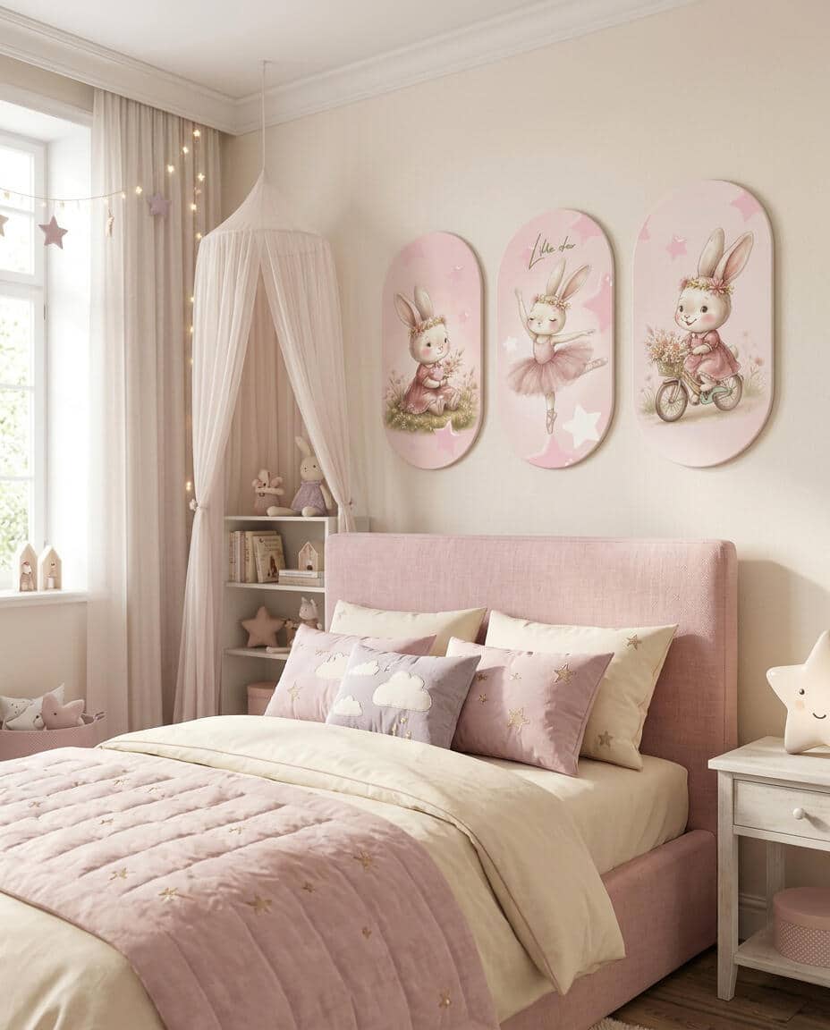 Uroczy Tryptyk Elipsa- Pastelowy Króliczek | Różowe Obrazy do pokoju dziewczynki  96002 - zdjęcie 2