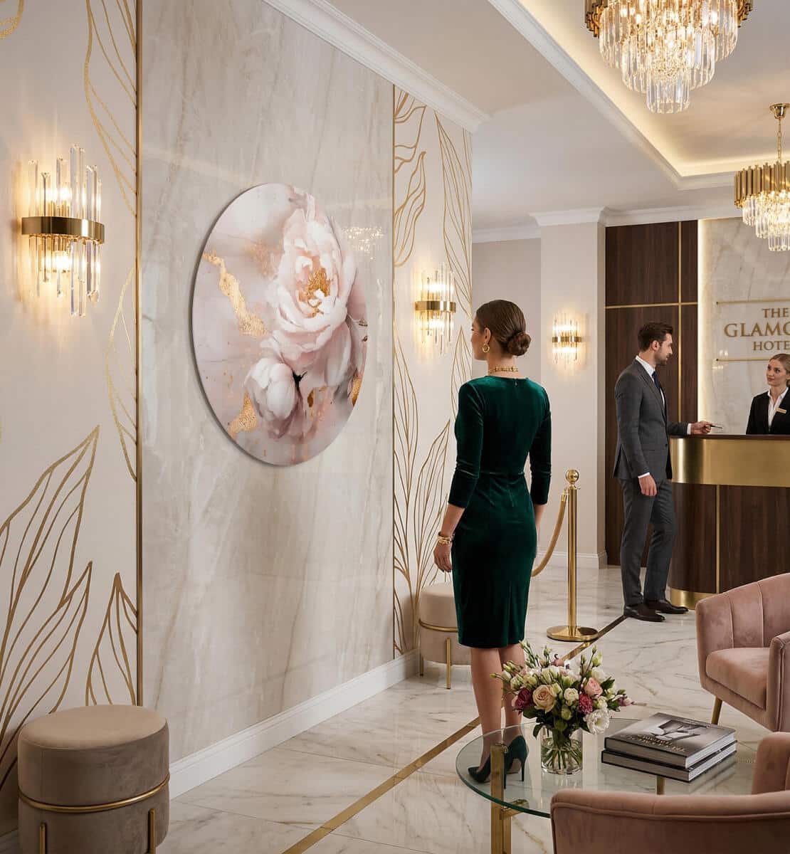 Elegancki Obraz Okrągły – Różowe Kwiaty Piwonii i Złote Akcenty | Styl Glamour 82413 - zdjęcie 4