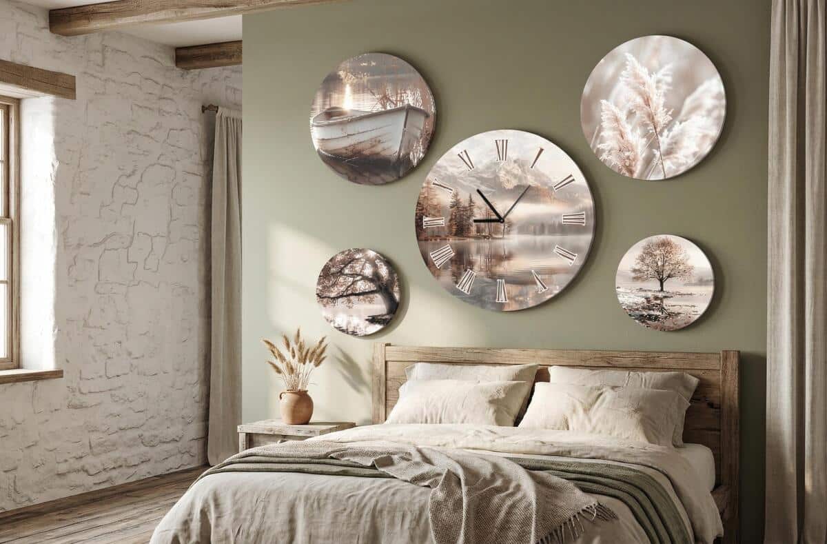 Zegar ścienny z kompletem Okrągłych Okrągłych Obrazów- Beżowe Krajobrazy do wnętrz boho 82438 - zdjęcie 4
