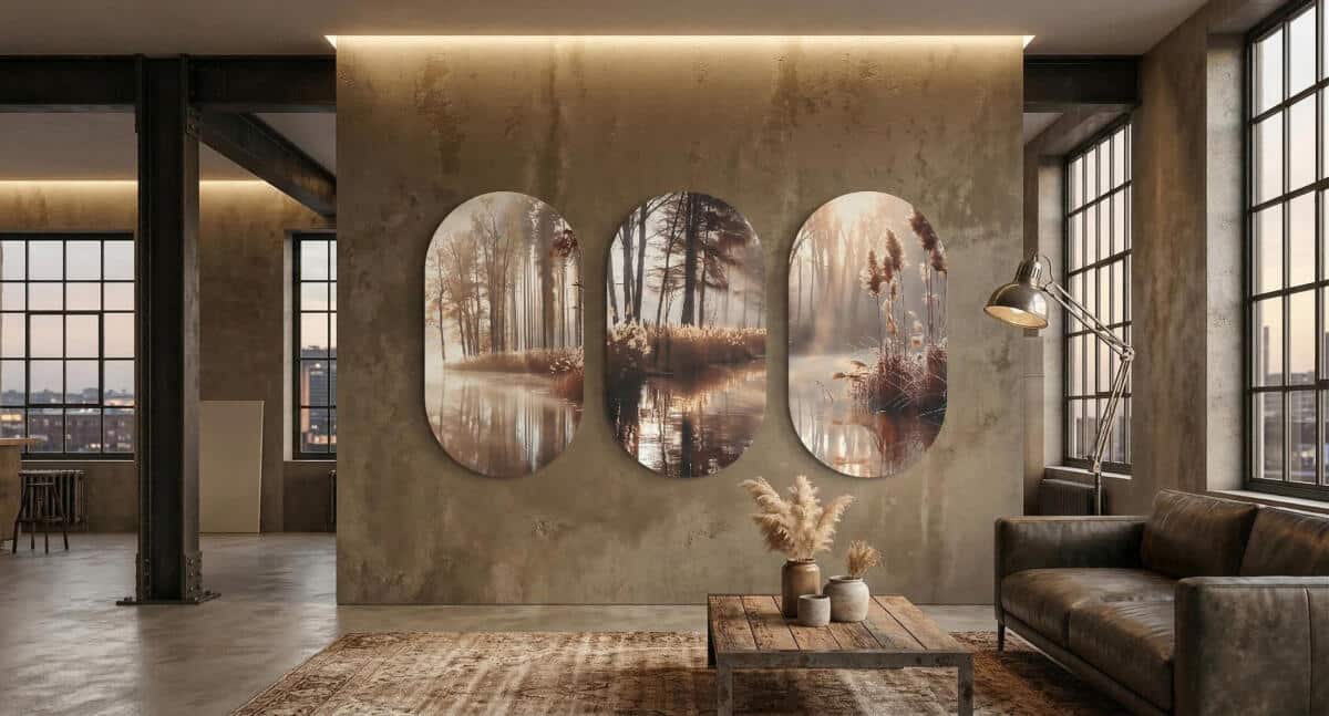 Obrazy Owalne, Tryptyk- Jezioro we mgle | Jesienny las i złote trzciny | Dekoracja ścienna do salonu 82403 - zdjęcie 4