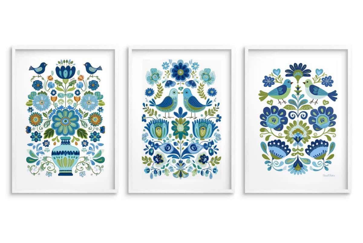 Dekoracyjne Plakaty Ludowe- ptaki i kwiaty | Niebieska ilustracja folk art 82424 - zdjęcie 5