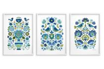 Dekoracyjne Plakaty Ludowe- ptaki i kwiaty | Niebieska ilustracja folk art 82424 - miniaturka 5