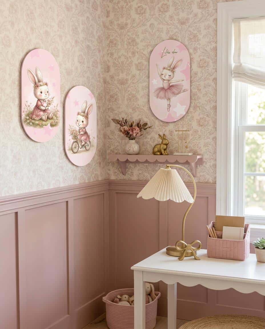 Uroczy Tryptyk Elipsa- Pastelowy Króliczek | Różowe Obrazy do pokoju dziewczynki  96002 - zdjęcie 5