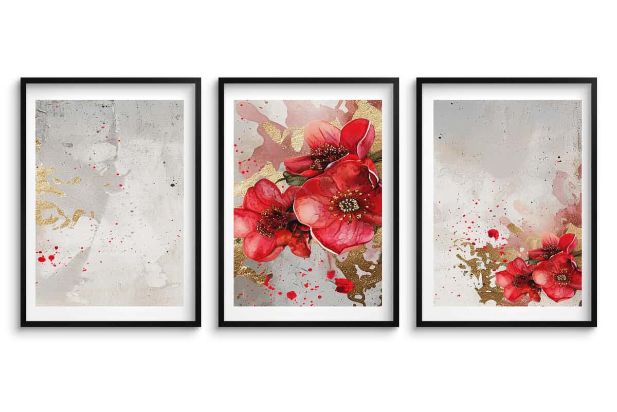 Elegancki Zestaw 3 Plakatów- Czerwone Kwiaty, Maki | Tryptyk Glamour ze złotymi akcentami 42248 - zdjęcie 11