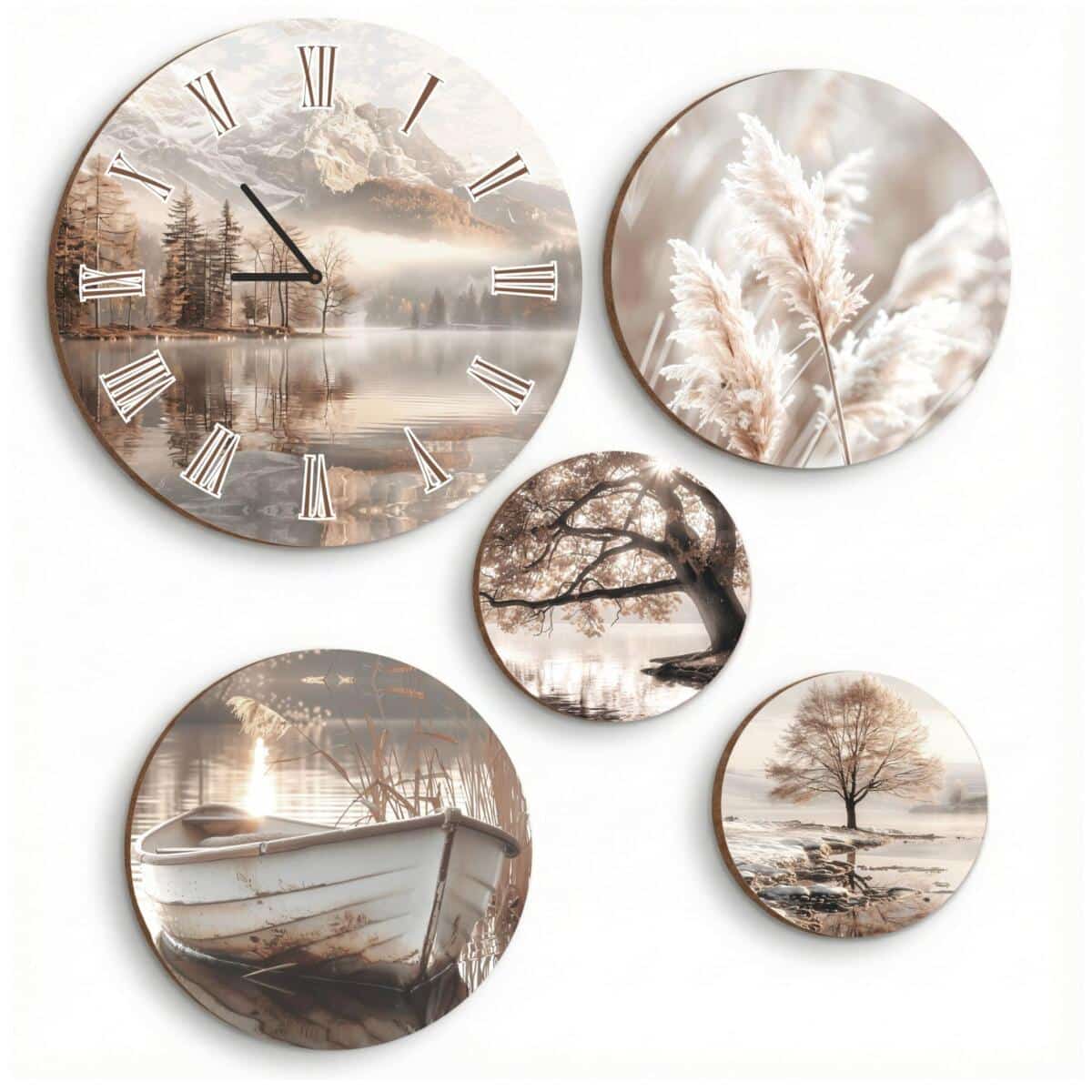 Zegar ścienny z kompletem Okrągłych Okrągłych Obrazów- Beżowe Krajobrazy do wnętrz boho 82438