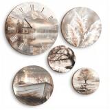 Zegar ścienny z kompletem Okrągłych Okrągłych Obrazów- Beżowe Krajobrazy do wnętrz boho 82438 - miniaturka 1