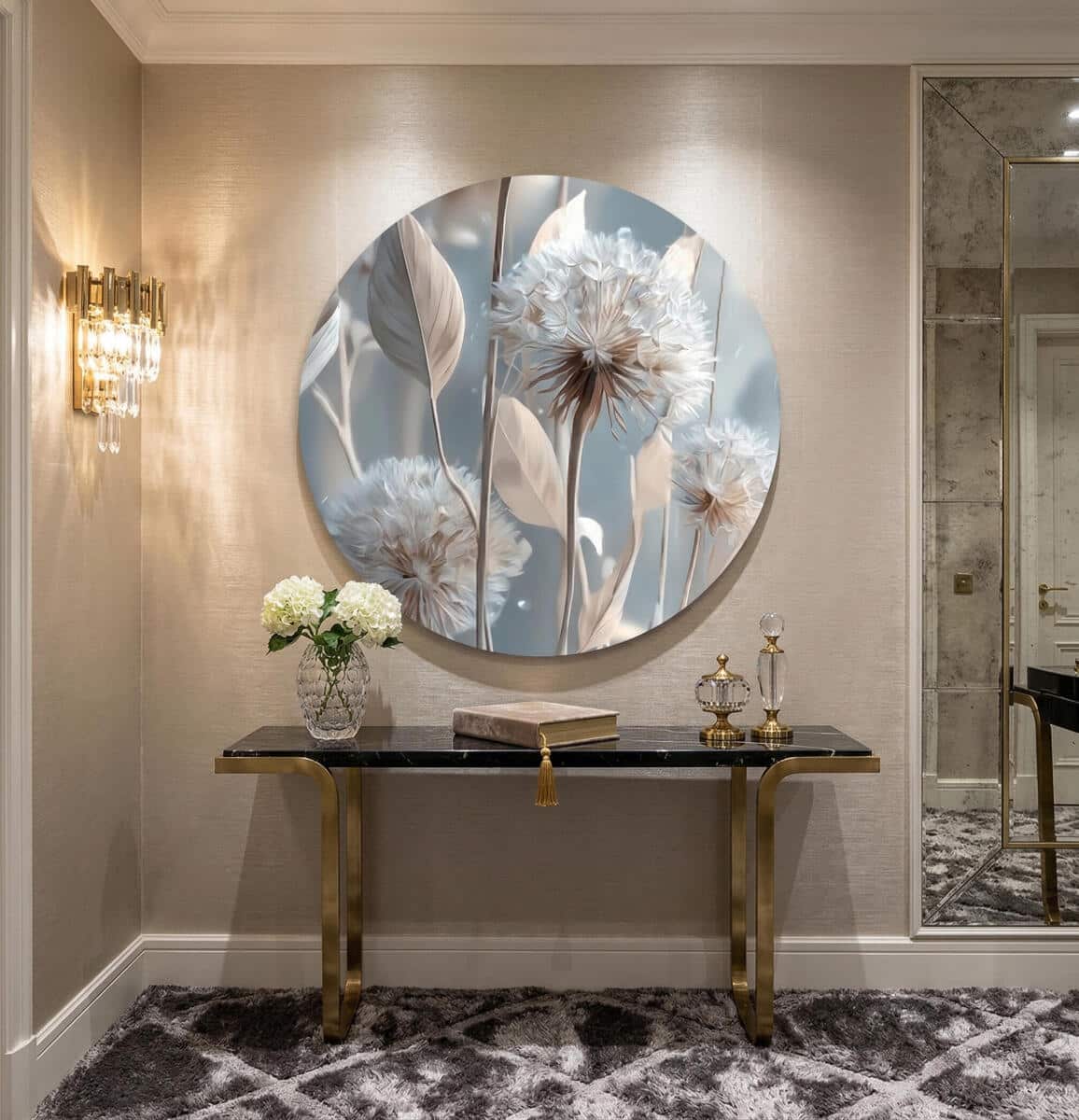 Okrągły Obraz w beżu i błękicie  – Subtelne dmuchawce | Elegancka dekoracja do wnętrz boho 82411 - zdjęcie 5