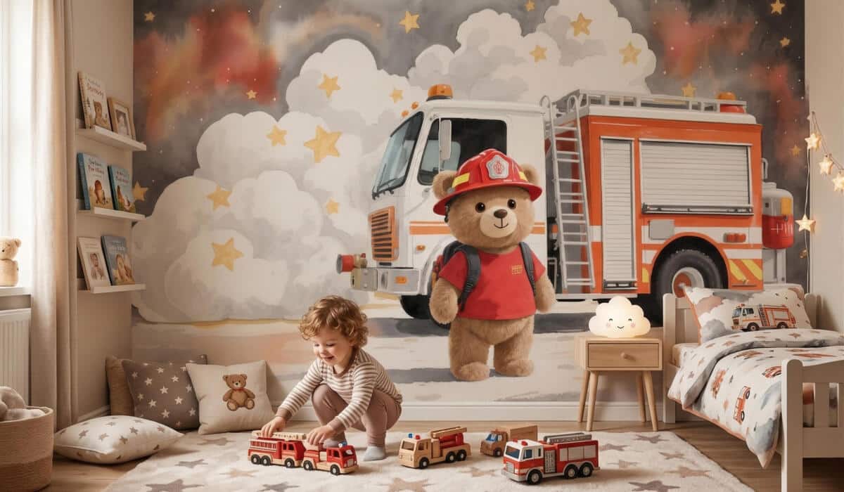 Fototapeta dla dzieci- Miś Strażak i Wóz Strażacki | Bajkowa dekoracja do pokoju chłopca 82426 - zdjęcie 4