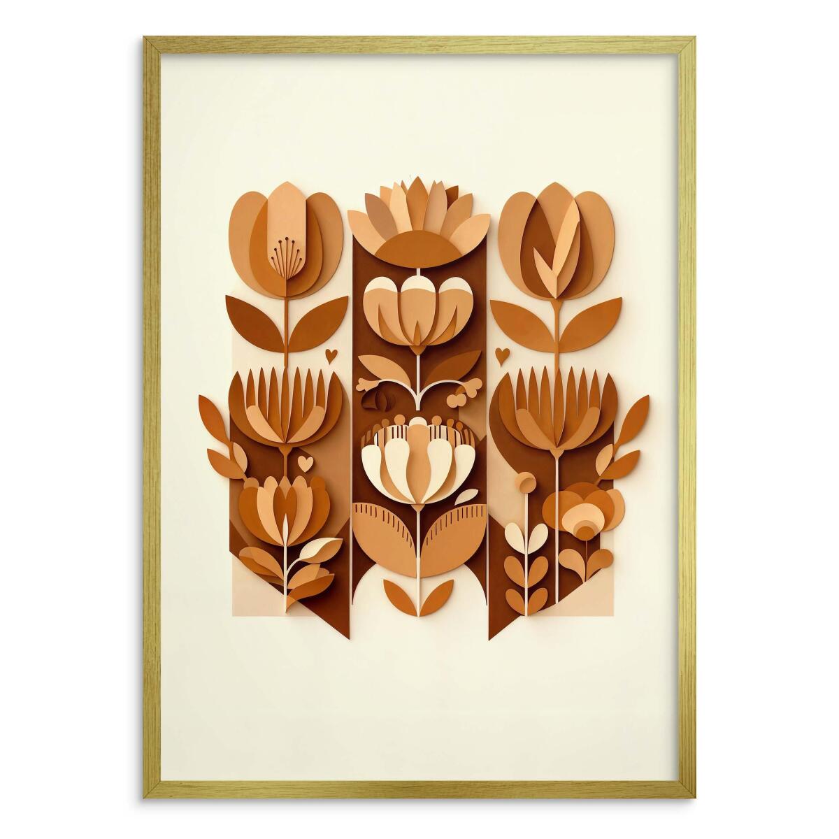 Plakat z efektem 3D- Geometryczne, brązowe kwiaty | Obraz etno design 51152