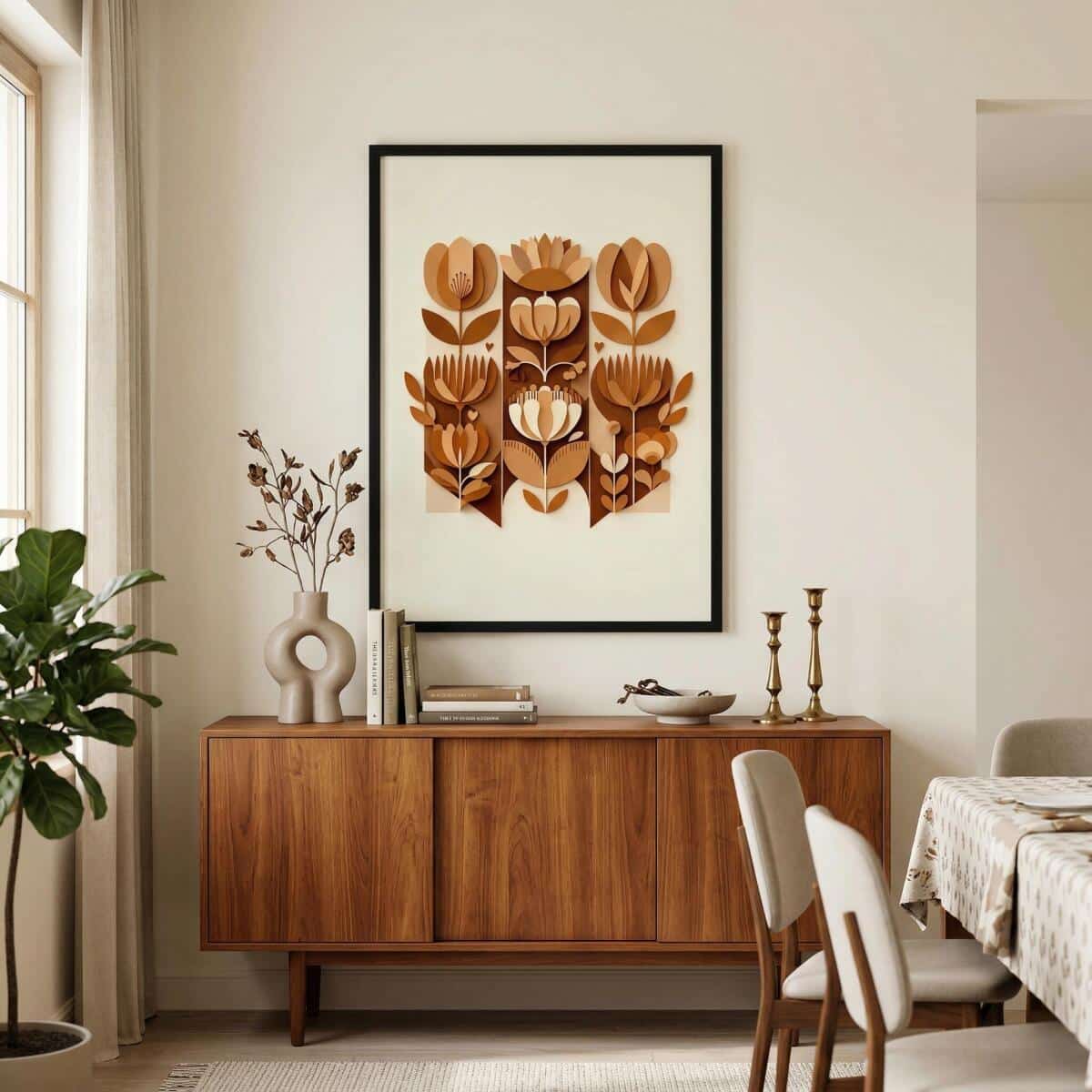 Plakat z efektem 3D- Geometryczne, brązowe kwiaty | Obraz etno design 51152 - zdjęcie 3