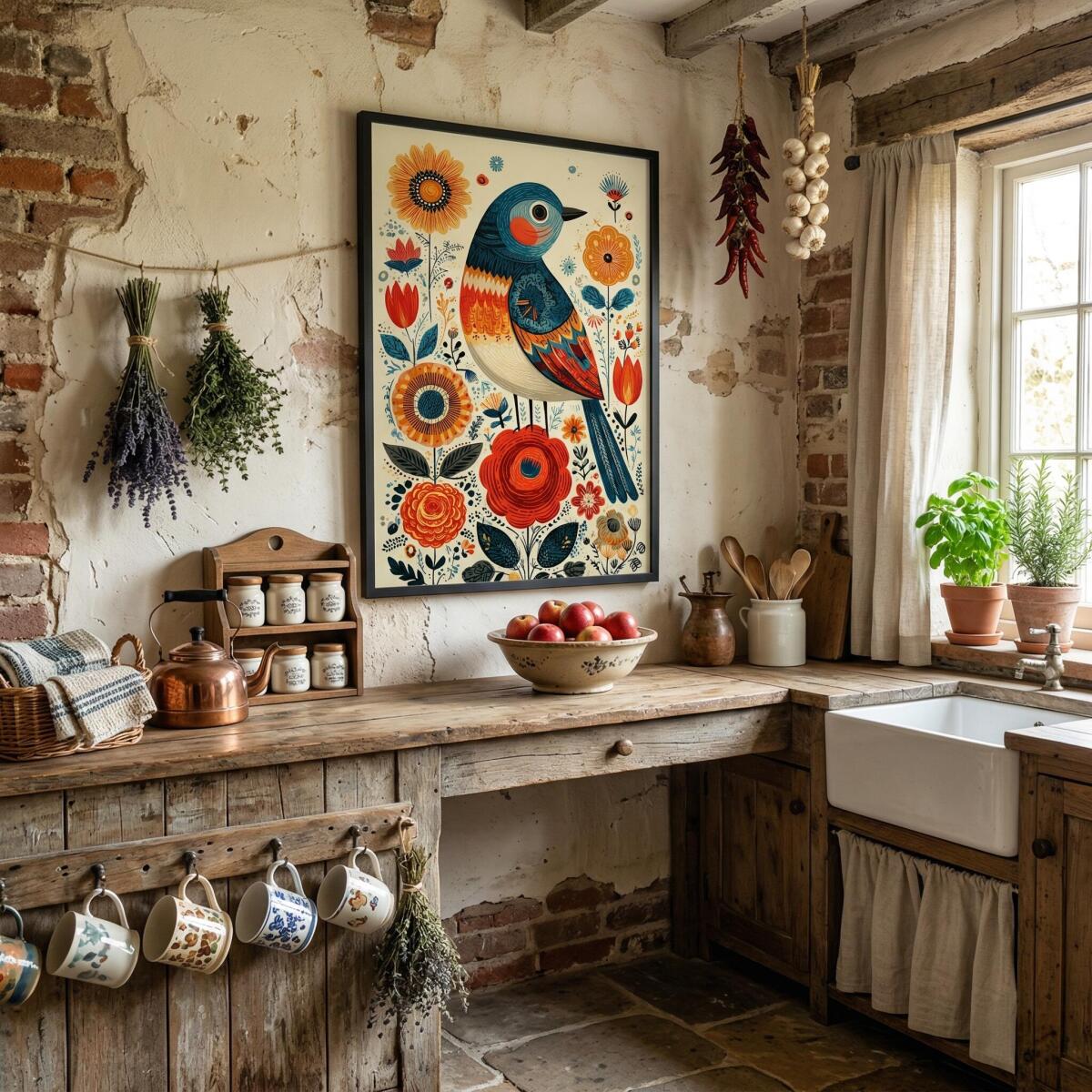 Plakat Ludowy- Kolorowy Ptak i Słoneczniki | Wiejski Styl, Cottage Core 82433 - zdjęcie 2