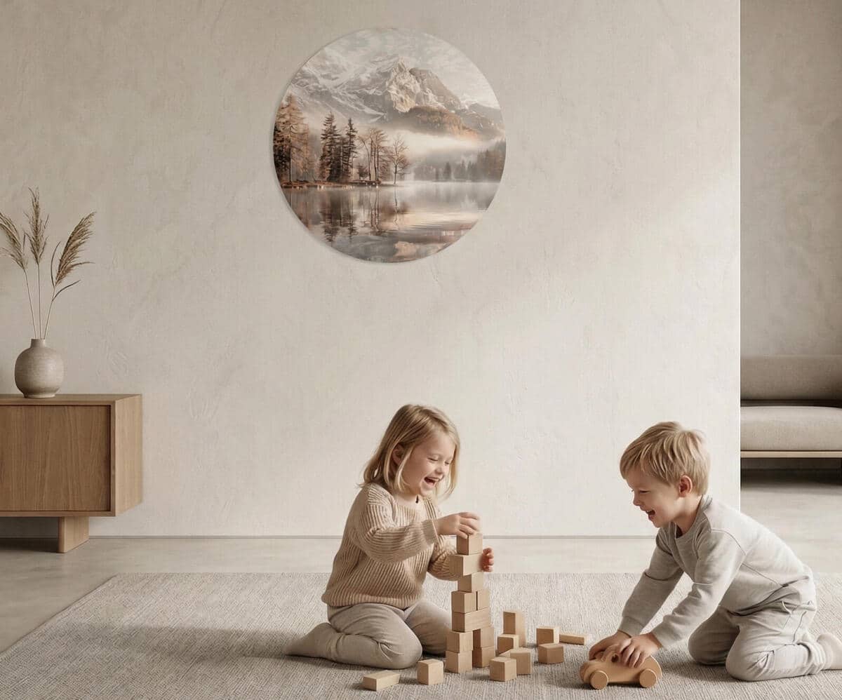 Nowoczesny Obraz Koło- Góry i jezioro w odcieniach beżu i brązu 82414 - zdjęcie 3