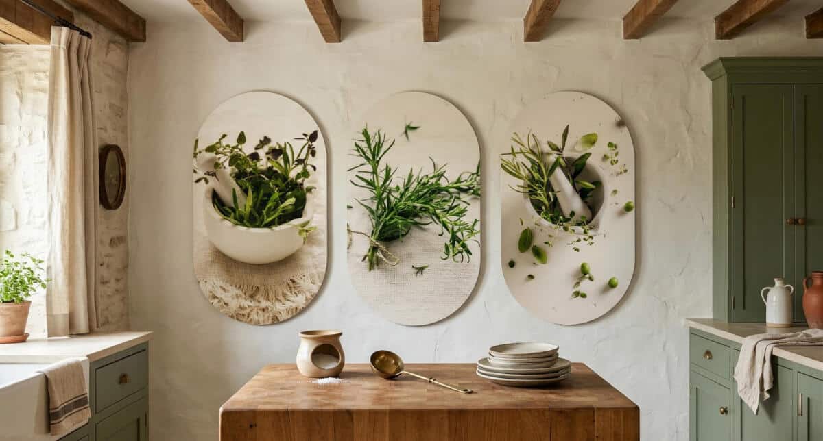 Nowoczesny Tryptyk do Kuchni - Świeże Zioła w Moździerzu | Obrazy Owalne 82402 - zdjęcie 5