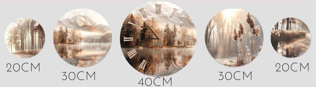 Dekoracyjny Zegar na ścianę, Zestaw Okrągłych Obrazów |  Nastrojowy Pejzaż w brązach i beżach- Jezioro i góry 82437 - zdjęcie 3