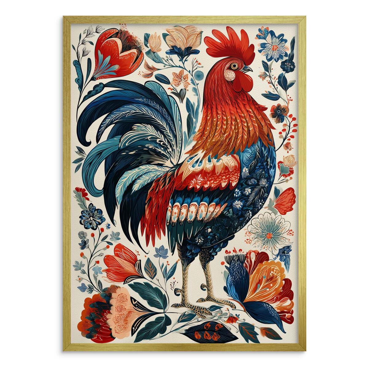 Kolorowy Plakat Folklor - Kogut i kwiaty | Sielska dekoracja, Obraz w stylu wiejskim / cottage 82427 - zdjęcie 5