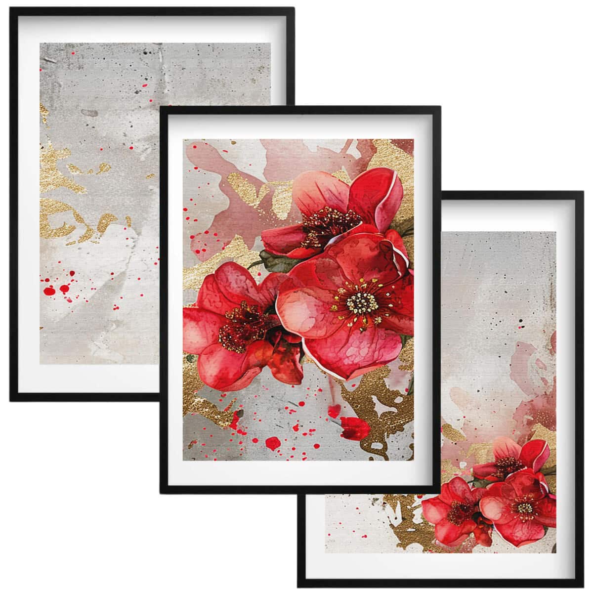 Elegancki Zestaw 3 Plakatów- Czerwone Kwiaty, Maki | Tryptyk Glamour ze złotymi akcentami 42248