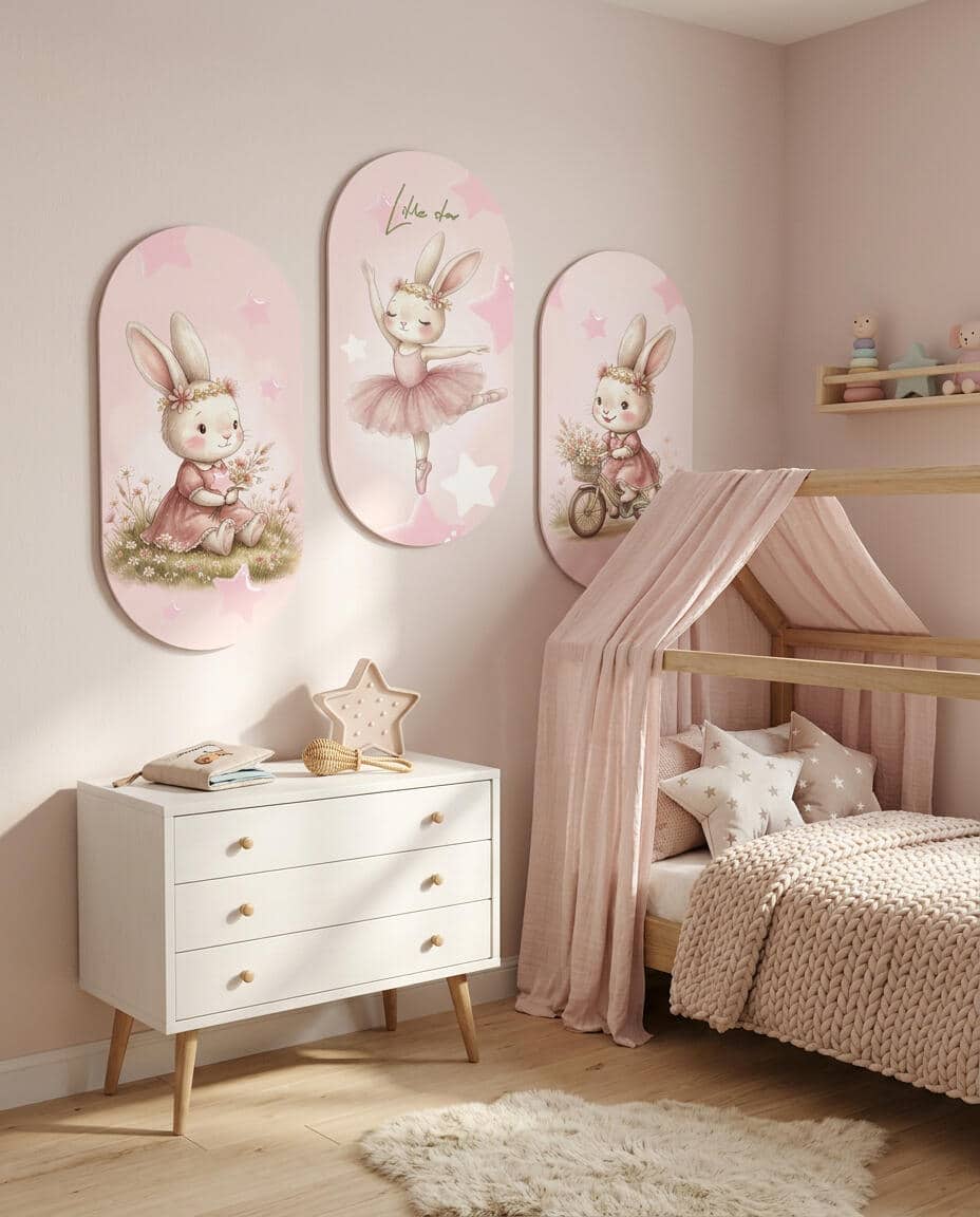 Uroczy Tryptyk Elipsa- Pastelowy Króliczek | Różowe Obrazy do pokoju dziewczynki  96002 - zdjęcie 3