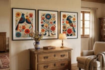 Kolorowe Plakaty Folk- Ptaki i Kwiaty | Tryptyk w stylu rustykalnym 82423 - miniaturka 3