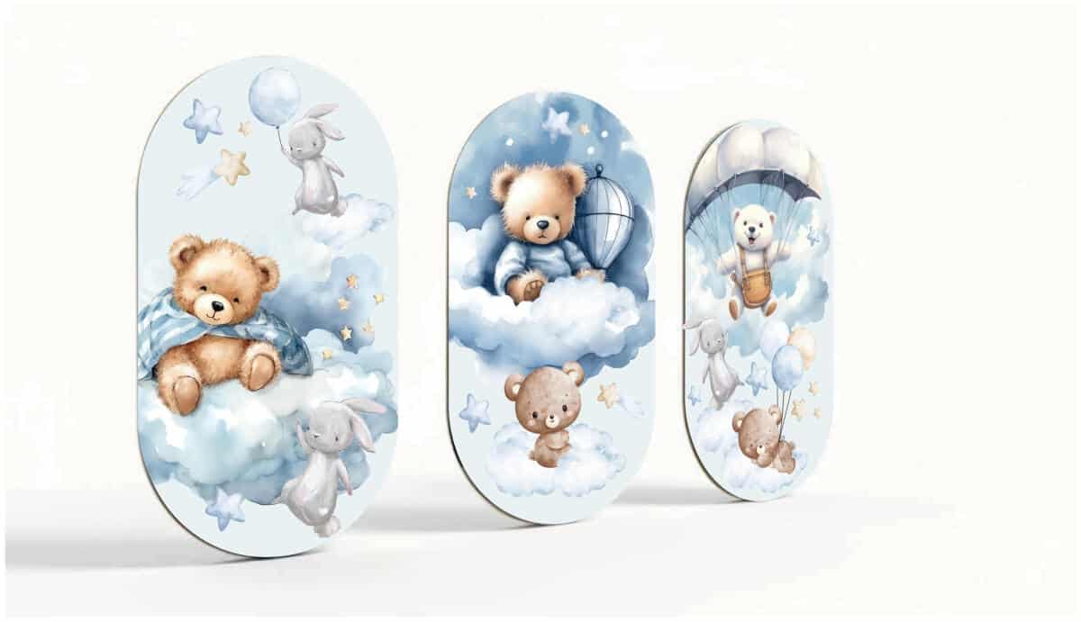 Tryptyk dla dzieci- Misie na chmurkach | Błękitna dekoracja ścienna do żłobka, przedszkola 42219 - zdjęcie 5