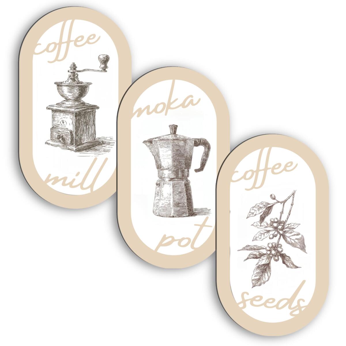 Zestaw 3 obrazów w kształcie elipsy- kawa w stylu retro | Owalne obrazy do kuchni 51101