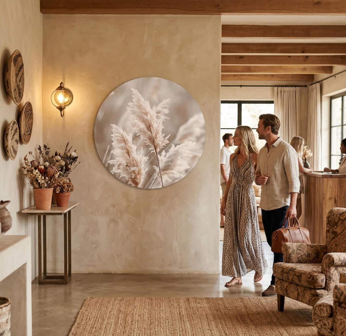Okrągły Obraz Boho – Trawa Pampasowa | Beżowa dekoracja ścienna do salonu i sypialni 82415 - zdjęcie 6