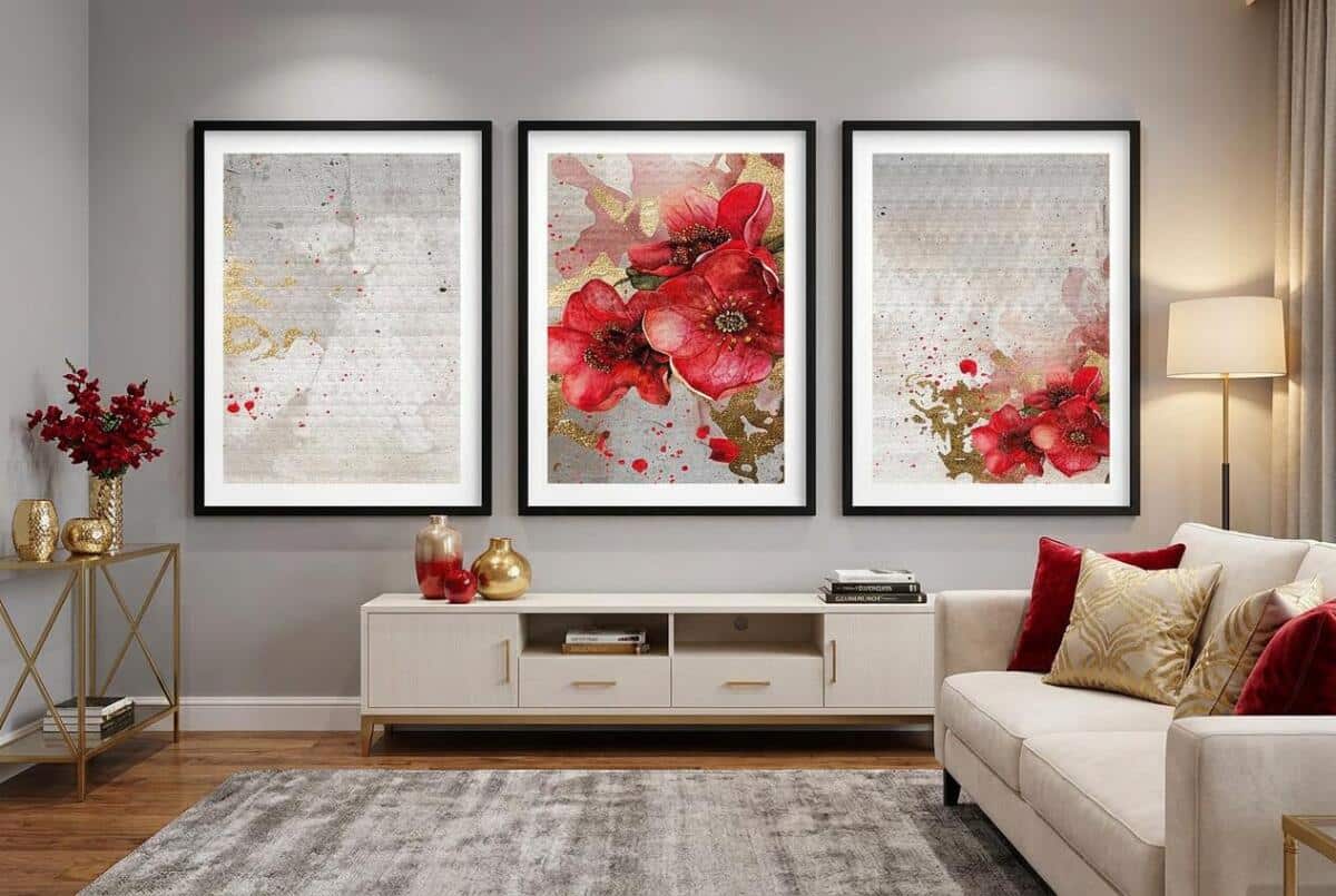 Elegancki Zestaw 3 Plakatów- Czerwone Kwiaty, Maki | Tryptyk Glamour ze złotymi akcentami 42248 - zdjęcie 8