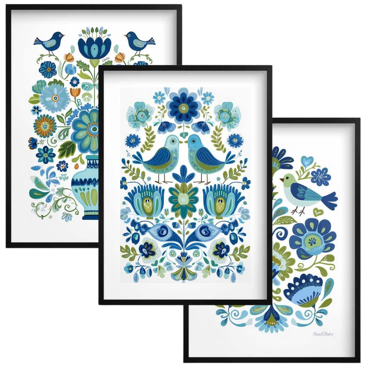 Dekoracyjne Plakaty Ludowe- ptaki i kwiaty | Niebieska ilustracja folk art 82424
