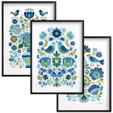 Dekoracyjne Plakaty Ludowe- ptaki i kwiaty | Niebieska ilustracja folk art 82424 - miniaturka 1