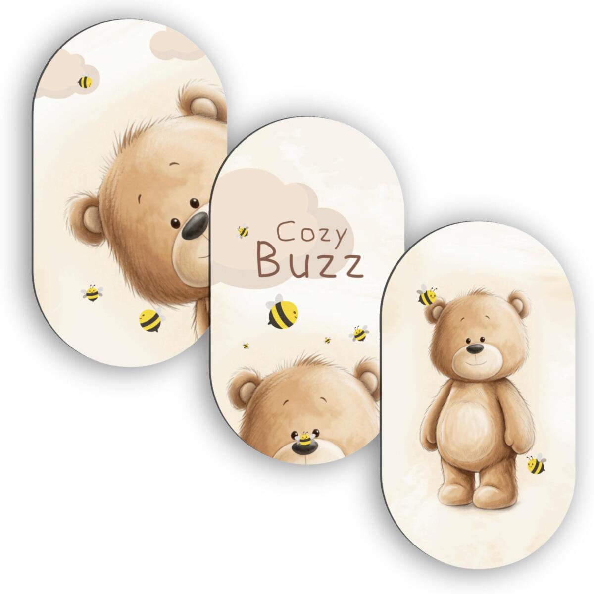 Obrazy owalne na ścianę- Uroczy Miś i Pszczółki | Zestaw 3 obrazów do pokoju dziecka 96001