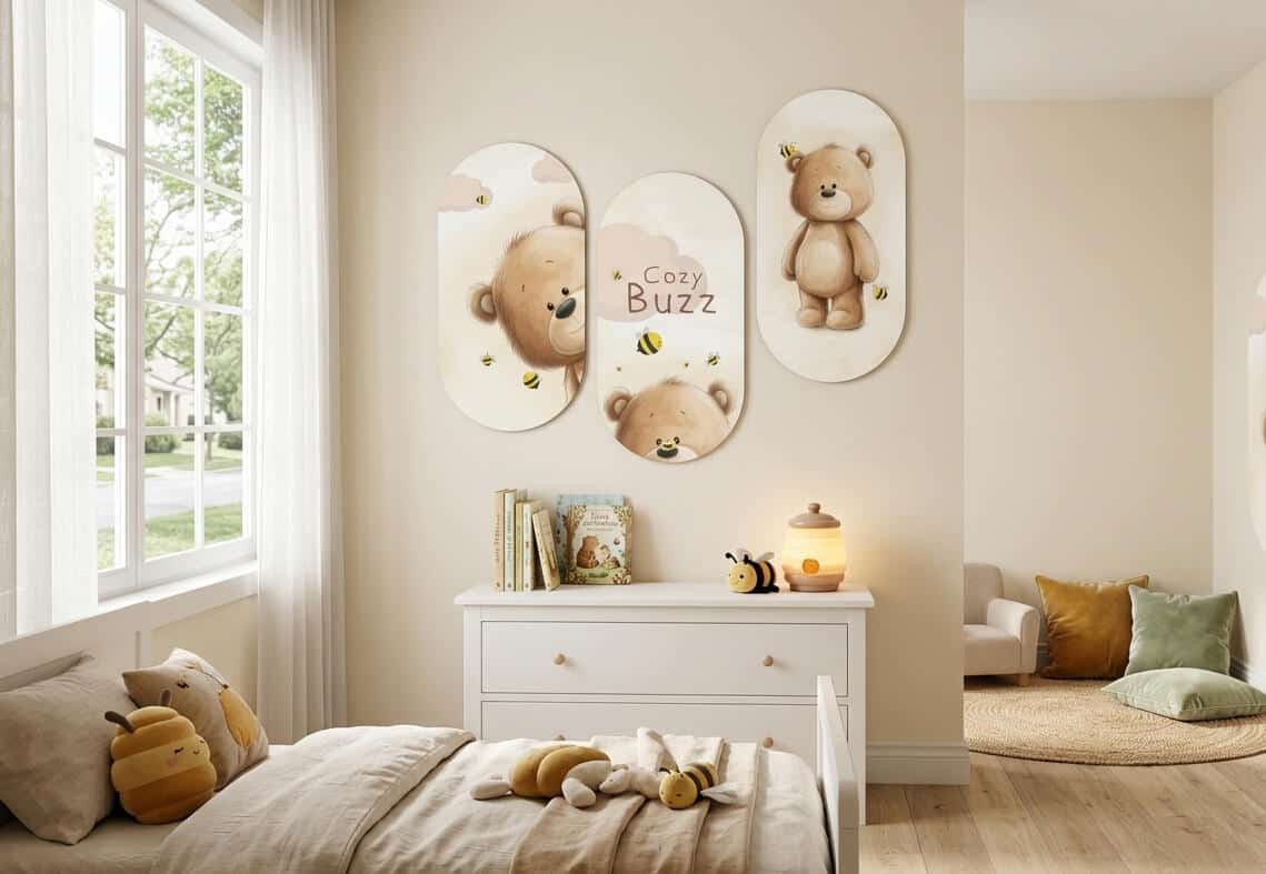 Obrazy owalne na ścianę- Uroczy Miś i Pszczółki | Zestaw 3 obrazów do pokoju dziecka 96001 - zdjęcie 7