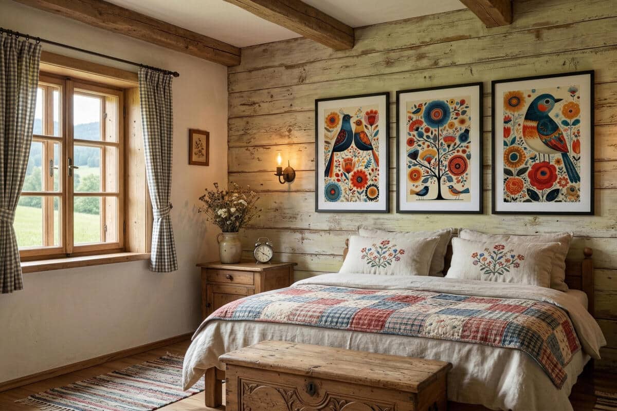 Kolorowe Plakaty Folk- Ptaki i Kwiaty | Tryptyk w stylu rustykalnym 82423 - zdjęcie 2