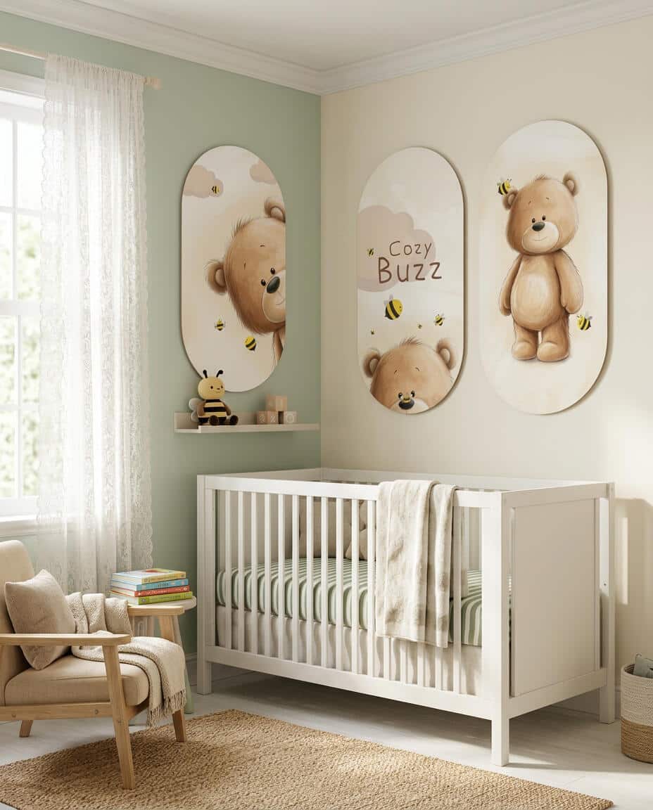 Obrazy owalne na ścianę- Uroczy Miś i Pszczółki | Zestaw 3 obrazów do pokoju dziecka 96001 - zdjęcie 3