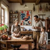 Kolorowy Plakat Folklor - Kogut i kwiaty | Sielska dekoracja, Obraz w stylu wiejskim / cottage 82427 - miniaturka 2