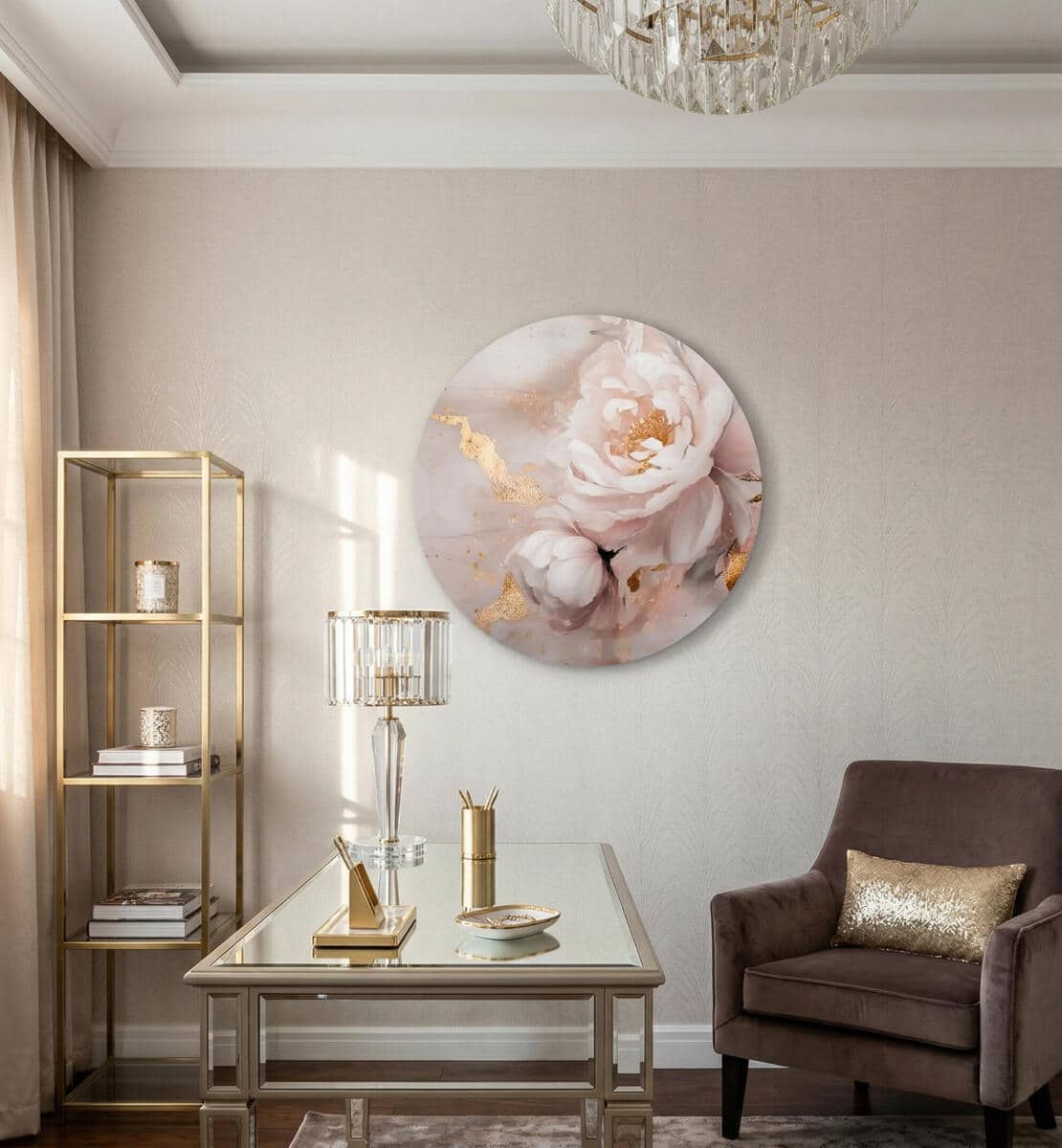Elegancki Obraz Okrągły – Różowe Kwiaty Piwonii i Złote Akcenty | Styl Glamour 82413 - zdjęcie 6