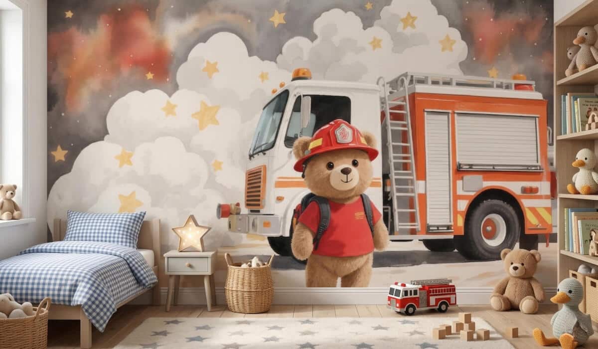 Fototapeta dla dzieci- Miś Strażak i Wóz Strażacki | Bajkowa dekoracja do pokoju chłopca 82426 - zdjęcie 1