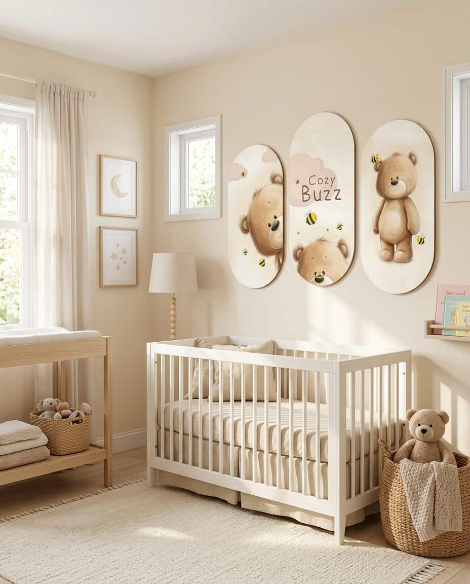 Obrazy owalne na ścianę- Uroczy Miś i Pszczółki | Zestaw 3 obrazów do pokoju dziecka 96001 - zdjęcie 4