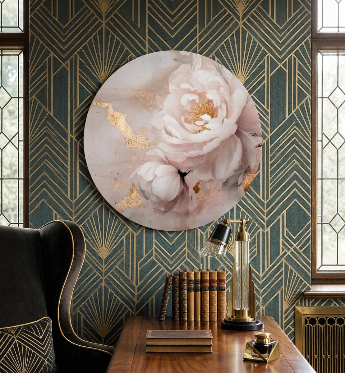 Elegancki Obraz Okrągły – Różowe Kwiaty Piwonii i Złote Akcenty | Styl Glamour 82413 - zdjęcie 7