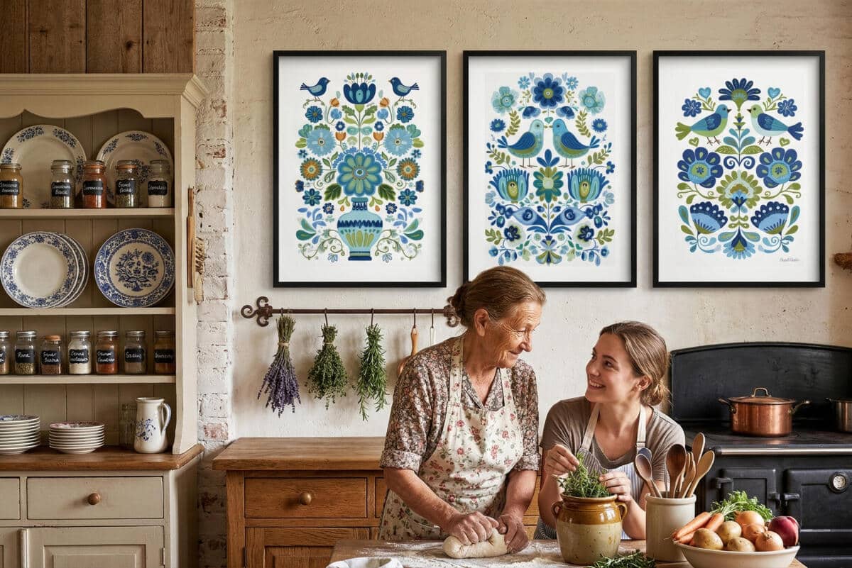 Dekoracyjne Plakaty Ludowe- ptaki i kwiaty | Niebieska ilustracja folk art 82424 - zdjęcie 4