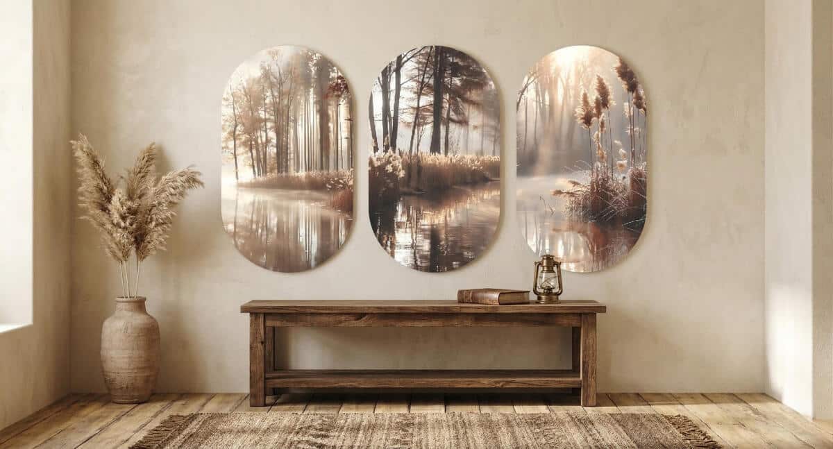 Obrazy Owalne, Tryptyk- Jezioro we mgle | Jesienny las i złote trzciny | Dekoracja ścienna do salonu 82403 - zdjęcie 3