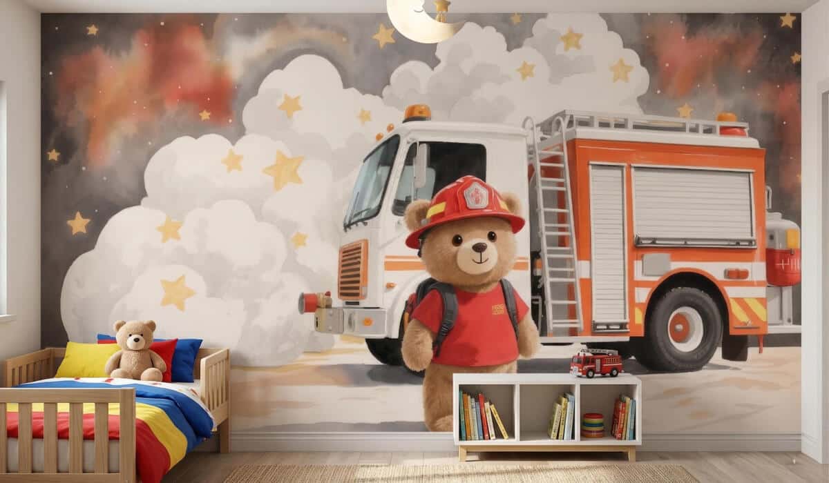Fototapeta dla dzieci- Miś Strażak i Wóz Strażacki | Bajkowa dekoracja do pokoju chłopca 82426 - zdjęcie 2