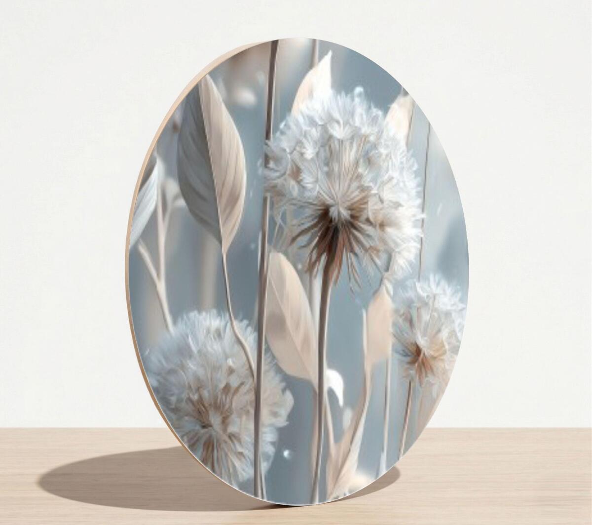 Okrągły Obraz w beżu i błękicie  – Subtelne dmuchawce | Elegancka dekoracja do wnętrz boho 82411 - zdjęcie 7
