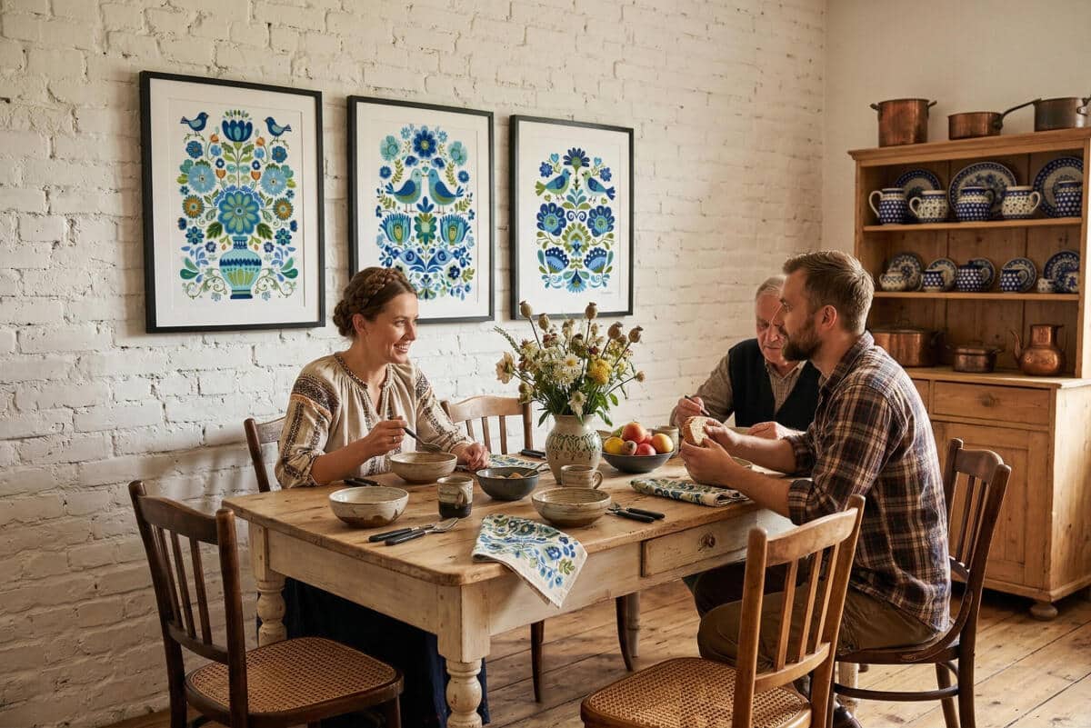 Dekoracyjne Plakaty Ludowe- ptaki i kwiaty | Niebieska ilustracja folk art 82424 - zdjęcie 3