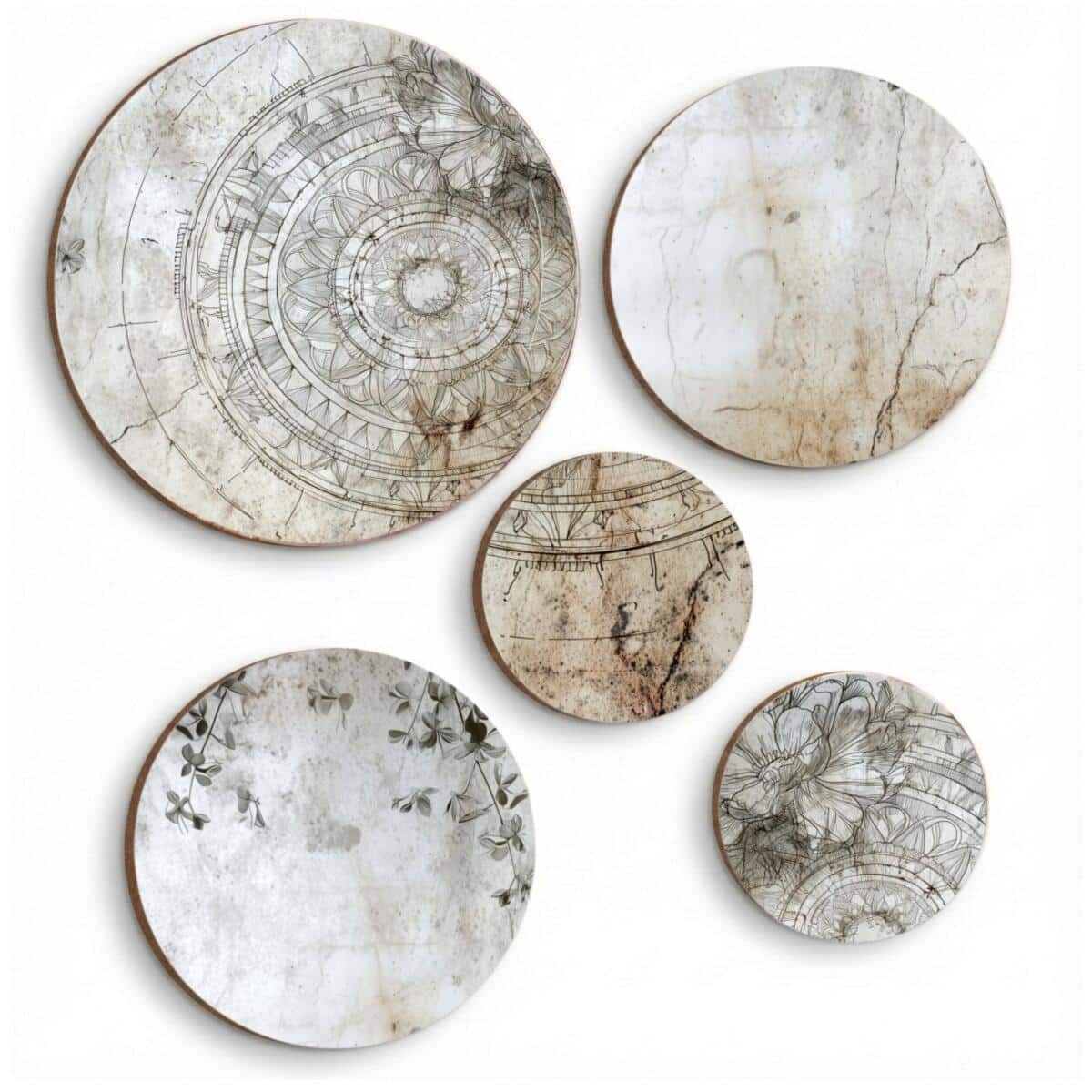 Okrągłe Obrazy Mandala i Kwiaty Vintage | Elegancki Komplet do Sypialni 82436