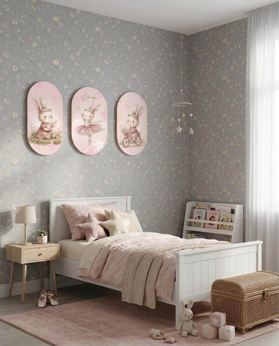 Uroczy Tryptyk Elipsa- Pastelowy Króliczek | Różowe Obrazy do pokoju dziewczynki  96002 - zdjęcie 4