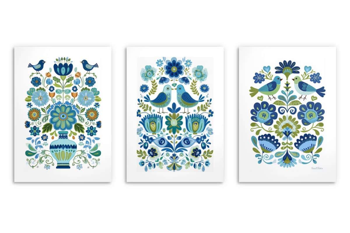 Dekoracyjne Plakaty Ludowe- ptaki i kwiaty | Niebieska ilustracja folk art 82424 - zdjęcie 8