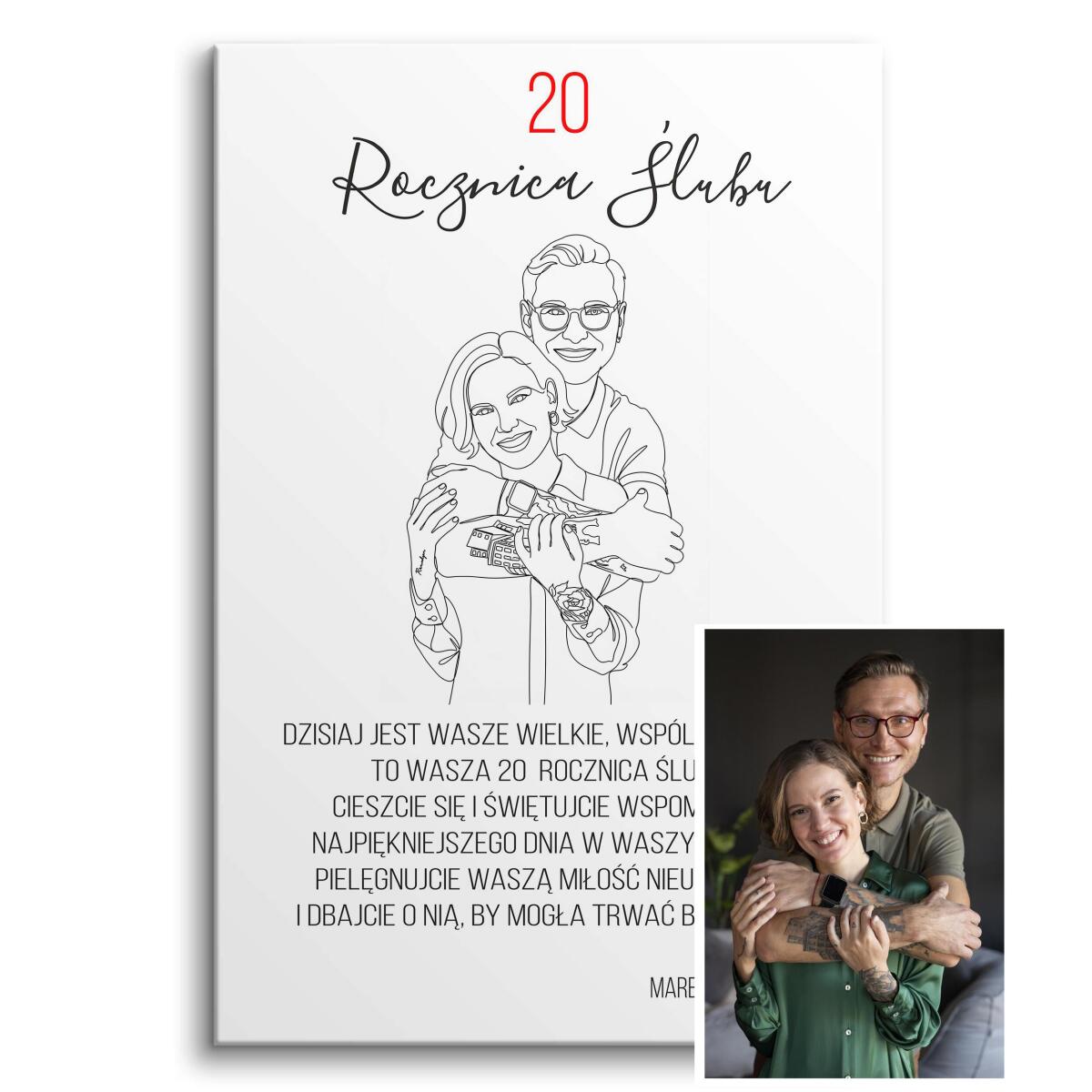 Portret Pary ze zdjęcia- Prezent na 20 Rocznicę Ślubu, Porcelanowe gody | Rysunek, grafika line art 82462-20