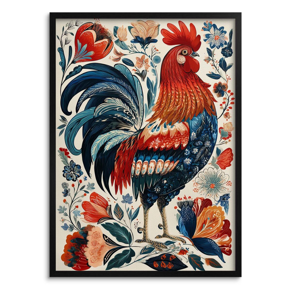 Kolorowy Plakat Folklor - Kogut i kwiaty | Sielska dekoracja, Obraz w stylu wiejskim / cottage 82427