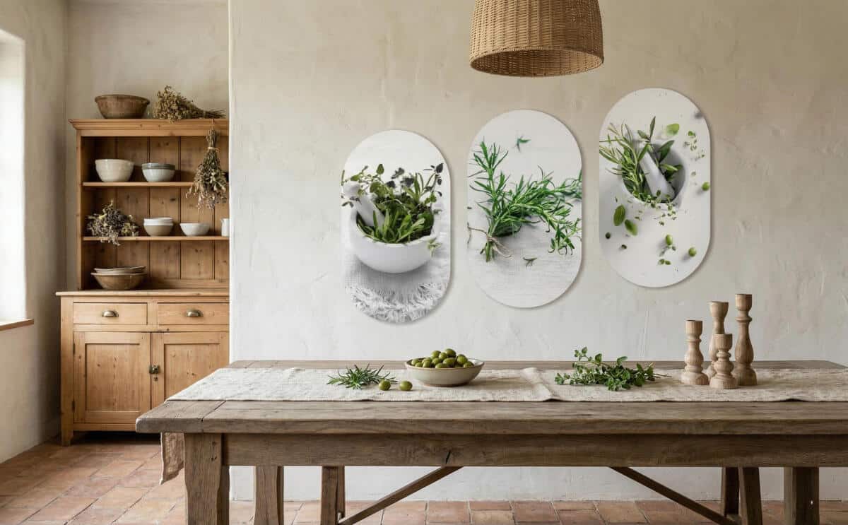 Nowoczesny Tryptyk do Kuchni - Świeże Zioła w Moździerzu | Obrazy Owalne 82402 - zdjęcie 2