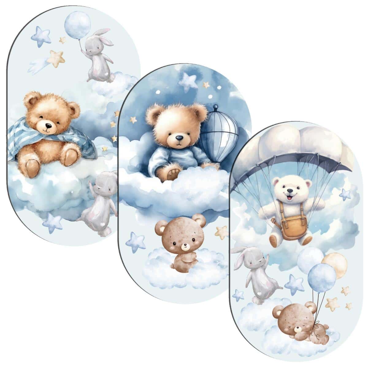 Tryptyk dla dzieci- Misie na chmurkach | Błękitna dekoracja ścienna do żłobka, przedszkola 42219