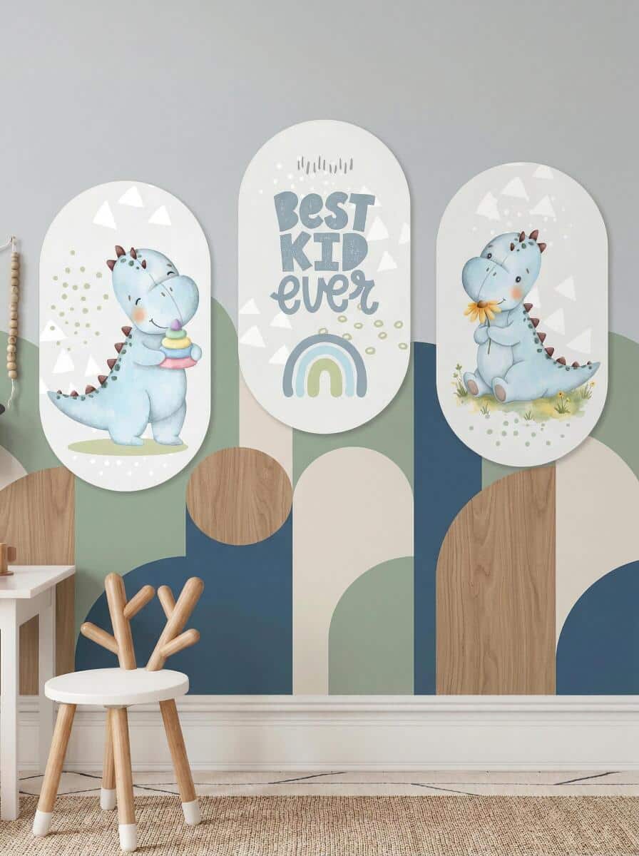 Pastelowe Obrazy Dziecięce- Niebieskie Dinozaury | Zestaw dekoracji do pokoju chłopca 96004 - zdjęcie 5
